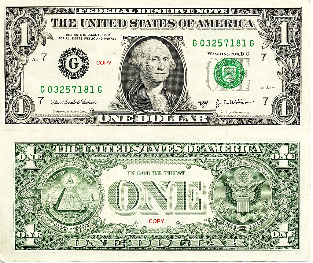 one dollar bill front and back